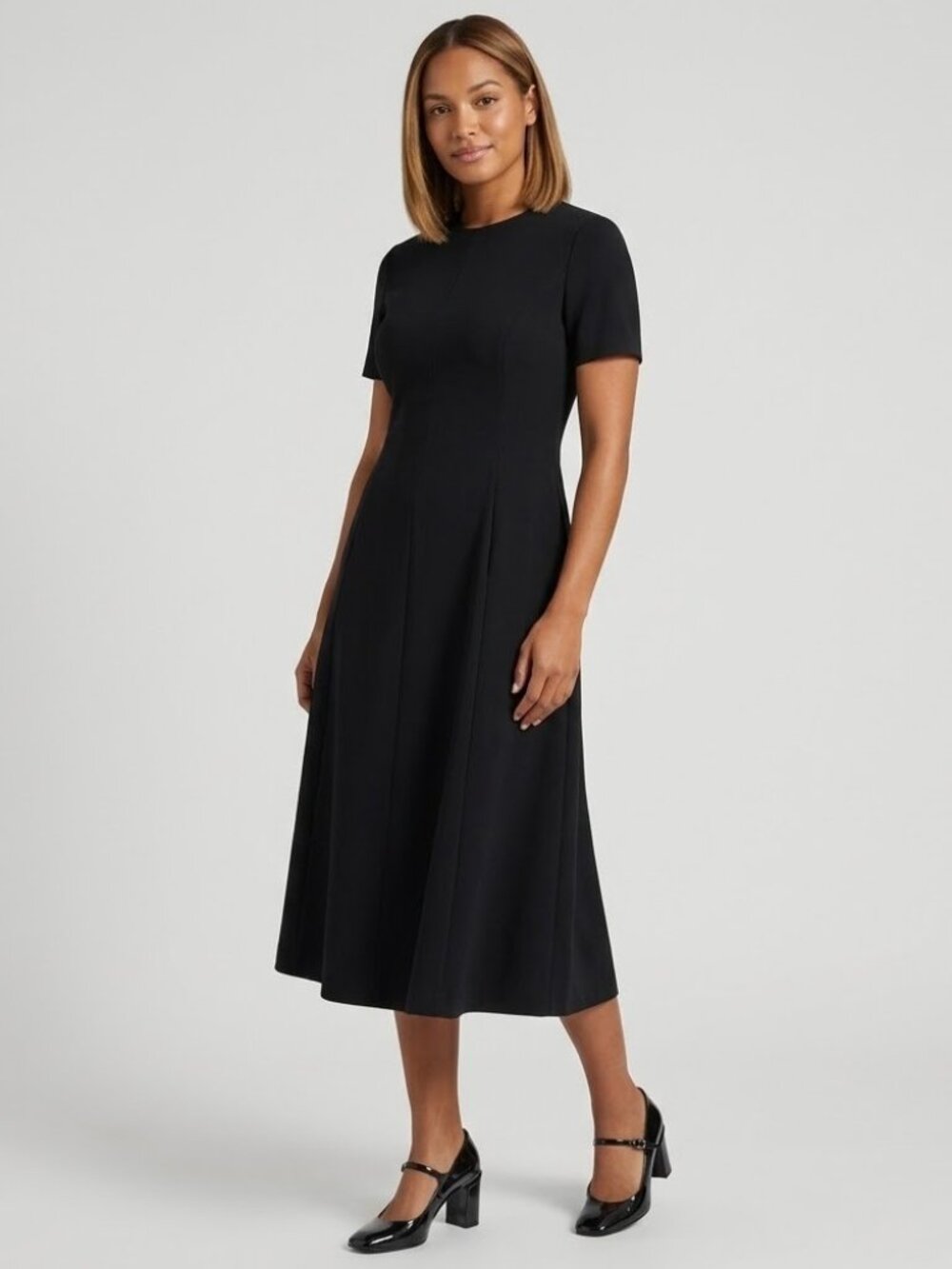 NWT Theory Short-Sleeve Flare Midi in Black Admiral Crepe Dress 8